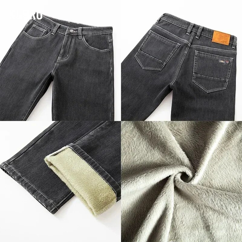 KUBRO rudens ziema korejiešu retro samta stiepts džinsi ar augstu vidukli Vīriešu taisni siltas lietišķas ikdienas bikses liela izmēra 28-46