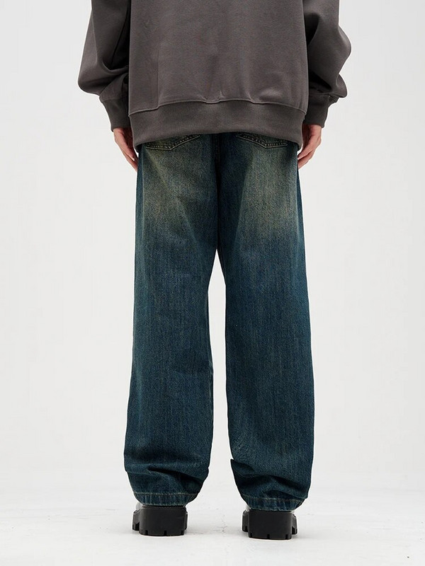 YIHANKE paprasto skalbimo gradiento džinsai „Port Wind Retro Tide“ prekės ženklo „Nostalgic Blue“ plačiomis kojomis laisvos kelnės vyriški džinsai