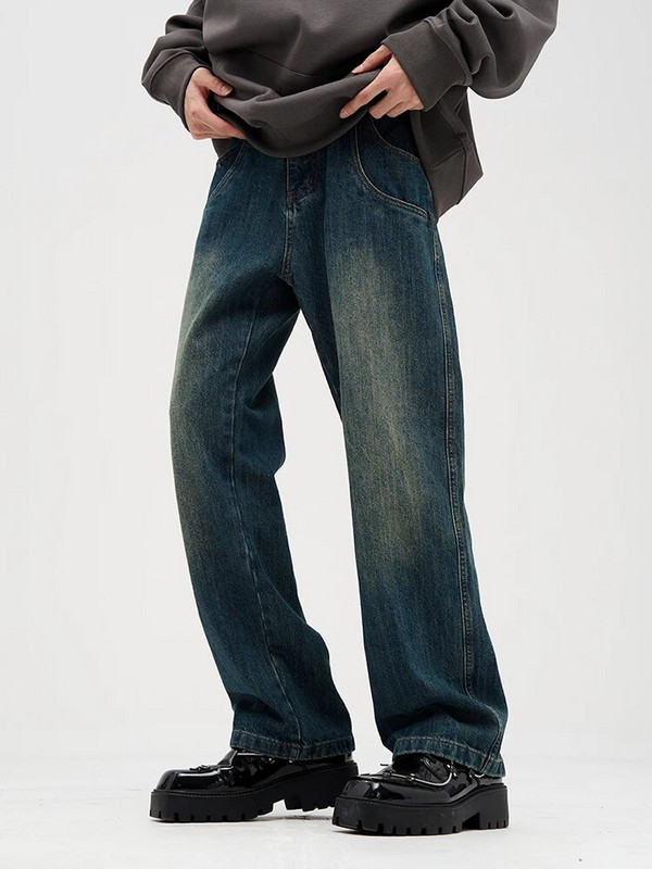 YIHANKE paprasto skalbimo gradiento džinsai „Port Wind Retro Tide“ prekės ženklo „Nostalgic Blue“ plačiomis kojomis laisvos kelnės vyriški džinsai