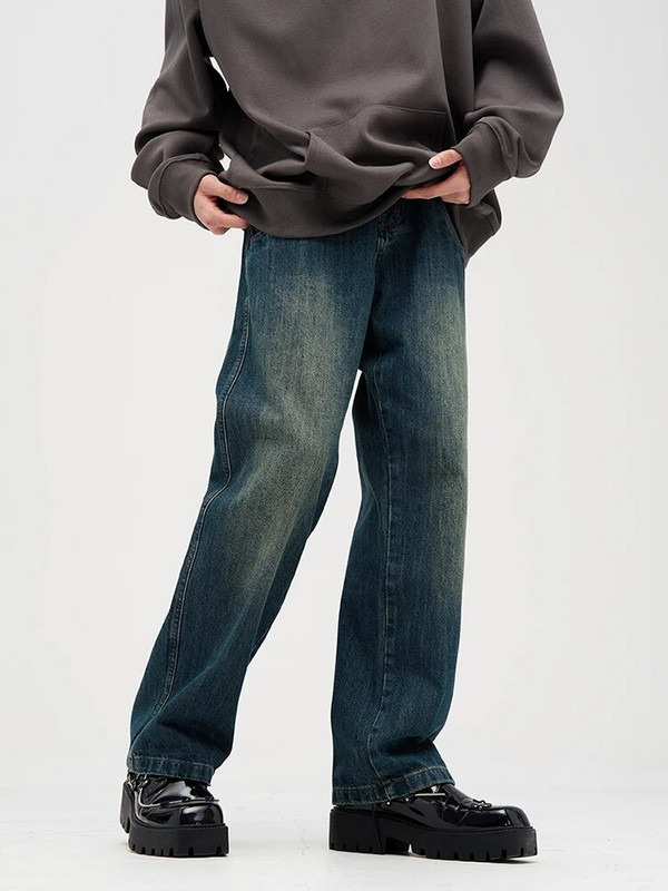 YIHANKE paprasto skalbimo gradiento džinsai „Port Wind Retro Tide“ prekės ženklo „Nostalgic Blue“ plačiomis kojomis laisvos kelnės vyriški džinsai