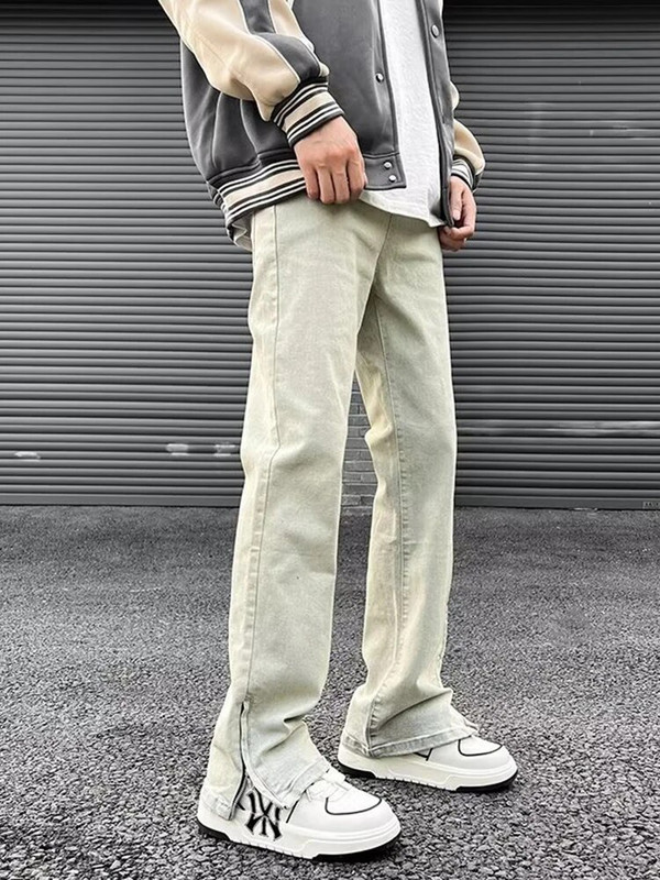 Eiropas un Amerikas stila bikses High Street Amerikāņu retro dzeltenas dubļu džinsi vīriešu rudens brīvas taisnas caurules bikses ar mikro uzplaiksnījumu