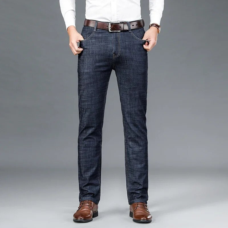 Vīriešu kokvilnas Slim Fit džinsi Vīriešu modes Augstas kvalitātes biznesa Boss bikses Vīriešu elastīgas ikdienišķas brīvas taisnas džinsu bikses vīriešiem