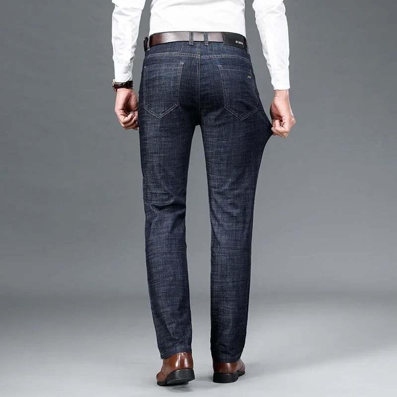 Vīriešu kokvilnas Slim Fit džinsi Vīriešu modes Augstas kvalitātes biznesa Boss bikses Vīriešu elastīgas ikdienišķas brīvas taisnas džinsu bikses vīriešiem