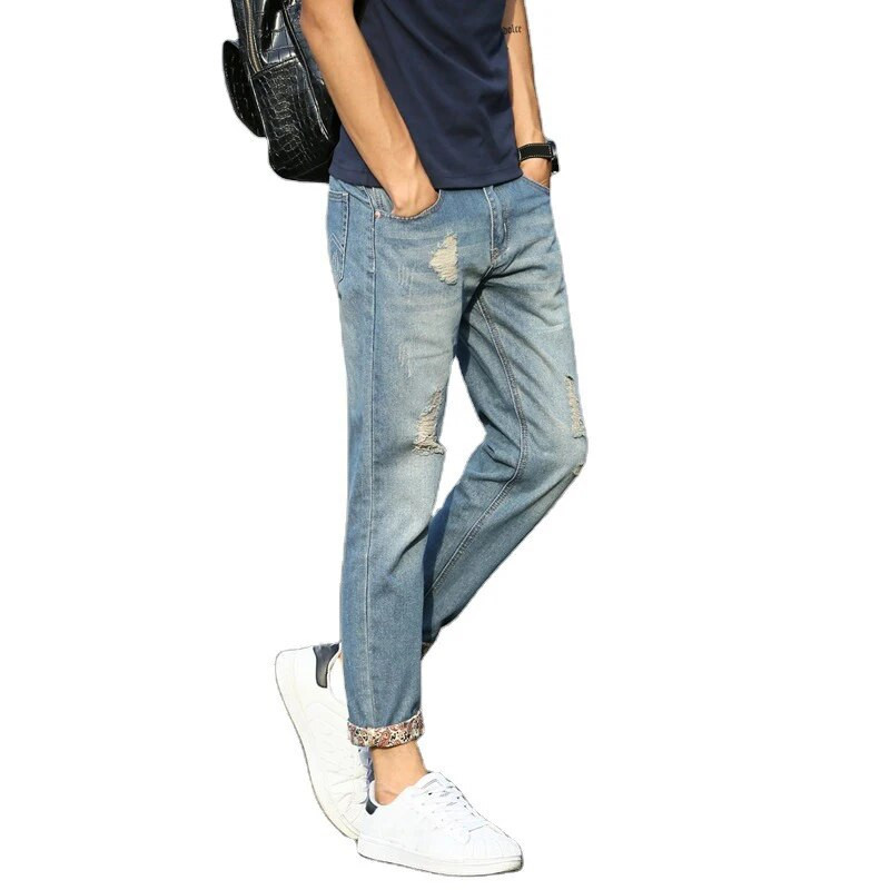 Vīriešu džinsi Vīriešu bikses Vienkāršs dizains Augstas kvalitātes mājīgi studenti ikdienas ikdienas korejiešu modes Broken Hole skriešanas bikses