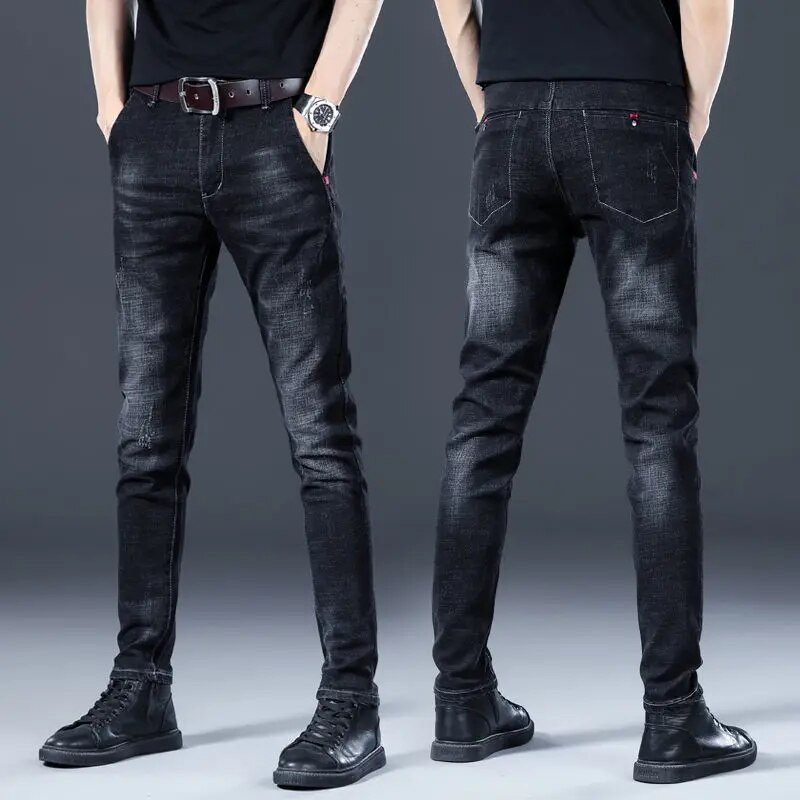 Naujos mados vyriški aukščiausios kokybės rudeniniai džinsai Slim Fit tiesūs laisvalaikio vyriški džinsai tamprūs ploni prabangūs pirkinių minkštinimo kelnės