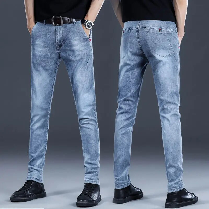 Naujos mados vyriški aukščiausios kokybės rudeniniai džinsai Slim Fit tiesūs laisvalaikio vyriški džinsai tamprūs ploni prabangūs pirkinių minkštinimo kelnės