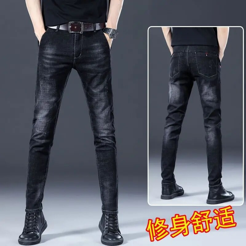 Naujos mados vyriški aukščiausios kokybės rudeniniai džinsai Slim Fit tiesūs laisvalaikio vyriški džinsai tamprūs ploni prabangūs pirkinių minkštinimo kelnės