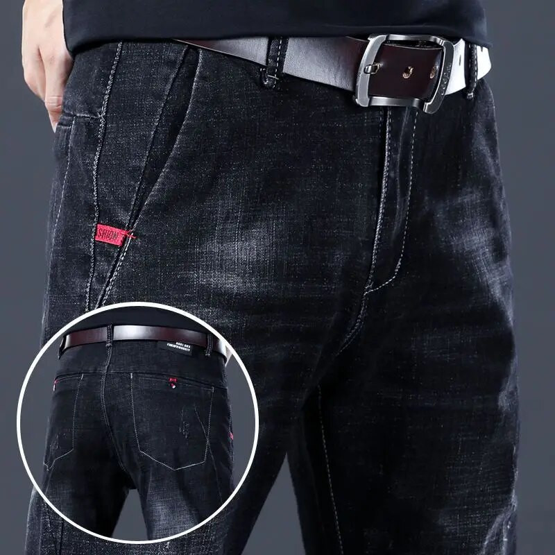 Naujos mados vyriški aukščiausios kokybės rudeniniai džinsai Slim Fit tiesūs laisvalaikio vyriški džinsai tamprūs ploni prabangūs pirkinių minkštinimo kelnės