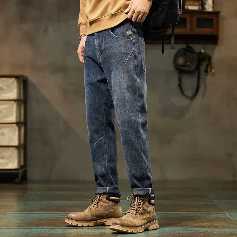 Flīsa biezi melni pelēki džinsi vīriešu brīvi taisni gadījuma šauri pieguļoši pusmūža vīriešu bikses ziemas siltas bikses vīriešu kokvilnas