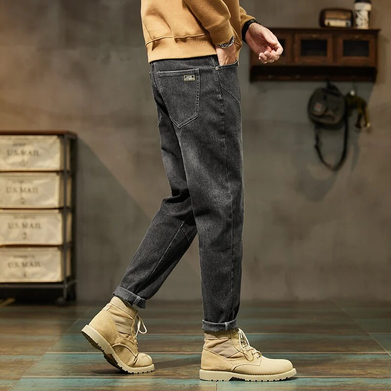 Flīsa biezi melni pelēki džinsi vīriešu brīvi taisni gadījuma šauri pieguļoši pusmūža vīriešu bikses ziemas siltas bikses vīriešu kokvilnas