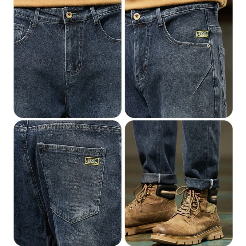 Flīsa biezi melni pelēki džinsi vīriešu brīvi taisni gadījuma šauri pieguļoši pusmūža vīriešu bikses ziemas siltas bikses vīriešu kokvilnas