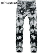 Vyriški džinsai Y2k rudens ir žiemos džinsinės kelnės Laisvalaikio pilkos spalvos hiphopo kelnės su gėlėmis, jaunatviškos, madingos, plonos viso ilgio