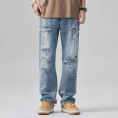 Nyári vékony koreai csípős dögös High Street amerikai vintage világoskék egyenes cső laza táskás mosás szakadt farmer széles szárú nadrág