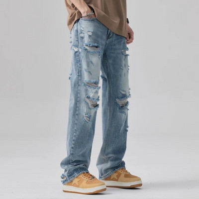 Nyári vékony koreai csípős dögös High Street amerikai vintage világoskék egyenes cső laza táskás mosás szakadt farmer széles szárú nadrág