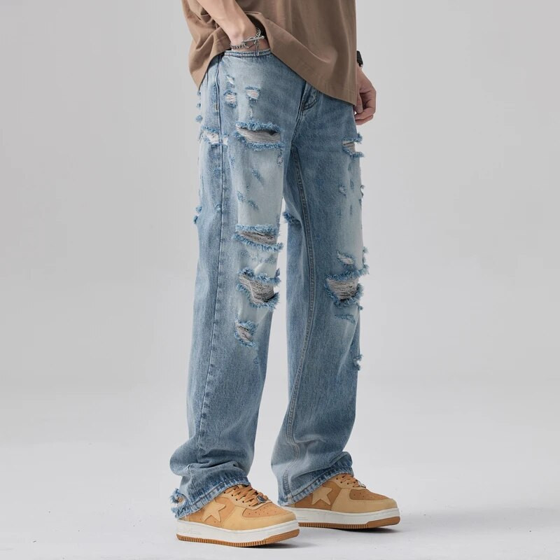 Nyári vékony koreai csípős dögös High Street amerikai vintage világoskék egyenes cső laza táskás mosás szakadt farmer széles szárú nadrág