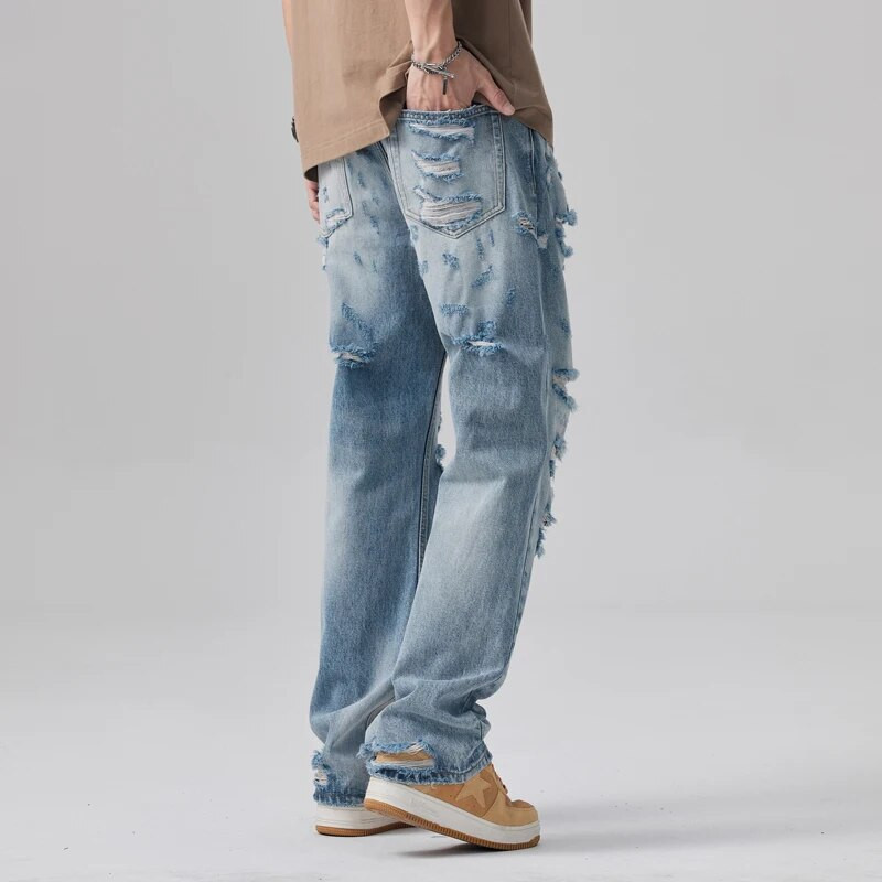 Nyári vékony koreai csípős dögös High Street amerikai vintage világoskék egyenes cső laza táskás mosás szakadt farmer széles szárú nadrág