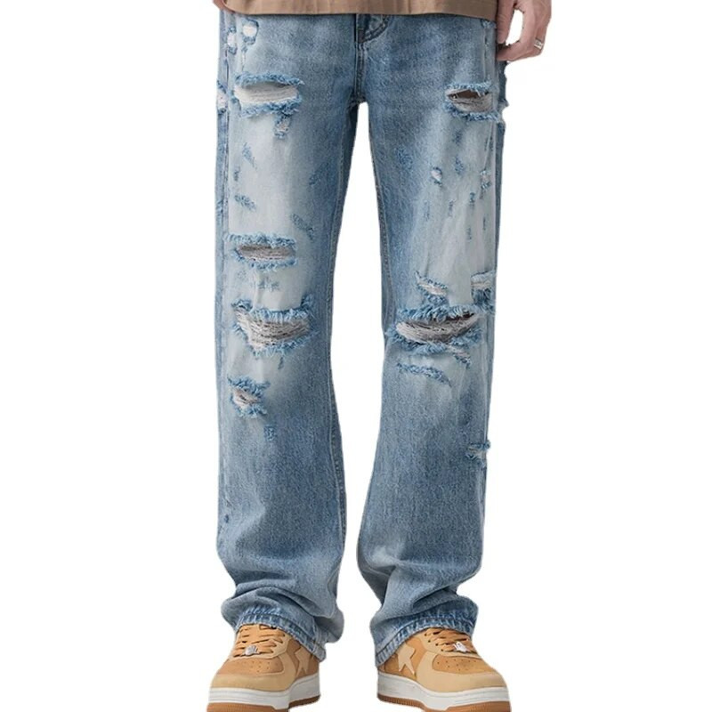 Nyári vékony koreai csípős dögös High Street amerikai vintage világoskék egyenes cső laza táskás mosás szakadt farmer széles szárú nadrág