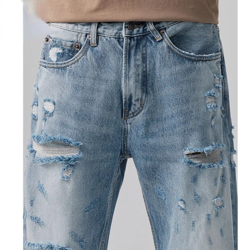 Nyári vékony koreai csípős dögös High Street amerikai vintage világoskék egyenes cső laza táskás mosás szakadt farmer széles szárú nadrág