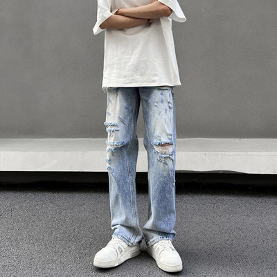 Nyári High Street Amerikai Retro Wash Hip Hop Egyenes láb Laza leejtés Szakadt farmer Csípő Új férfi nadrág