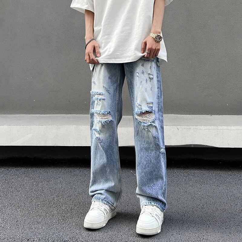 Nyári High Street Amerikai Retro Wash Hip Hop Egyenes láb Laza leejtés Szakadt farmer Csípő Új férfi nadrág