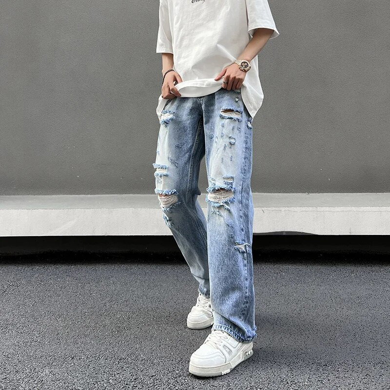 Nyári High Street Amerikai Retro Wash Hip Hop Egyenes láb Laza leejtés Szakadt farmer Csípő Új férfi nadrág