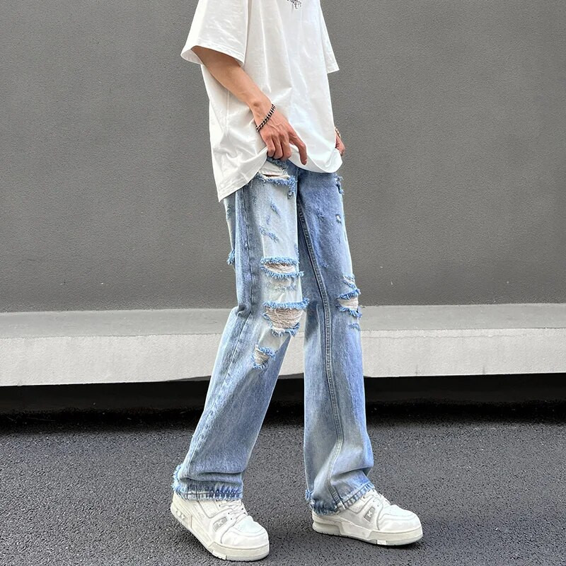Nyári High Street Amerikai Retro Wash Hip Hop Egyenes láb Laza leejtés Szakadt farmer Csípő Új férfi nadrág