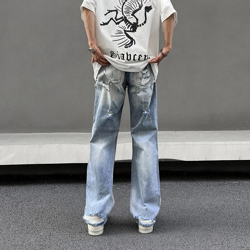 Nyári High Street Amerikai Retro Wash Hip Hop Egyenes láb Laza leejtés Szakadt farmer Csípő Új férfi nadrág