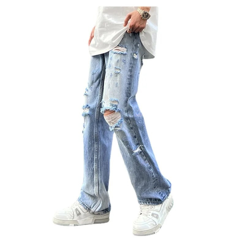 Nyári High Street Amerikai Retro Wash Hip Hop Egyenes láb Laza leejtés Szakadt farmer Csípő Új férfi nadrág