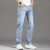 DELIY Summer Slim Straight Straight Cotton Stretch džinsa vīriešu lietišķs gadījuma raksturs ar augstu vidukli, plāni gaiši zili džinsi