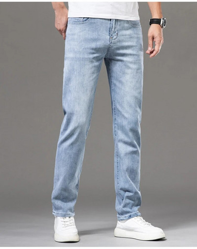 DELIY Summer Slim Straight Straight Cotton Stretch džinsa vīriešu lietišķs gadījuma raksturs ar augstu vidukli, plāni gaiši zili džinsi