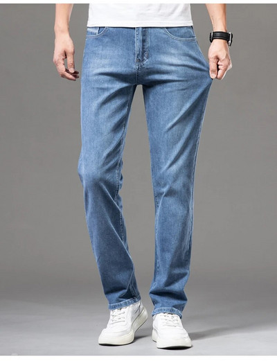 DELIY Summer Slim Straight Straight Cotton Stretch džinsa vīriešu lietišķs gadījuma raksturs ar augstu vidukli, plāni gaiši zili džinsi