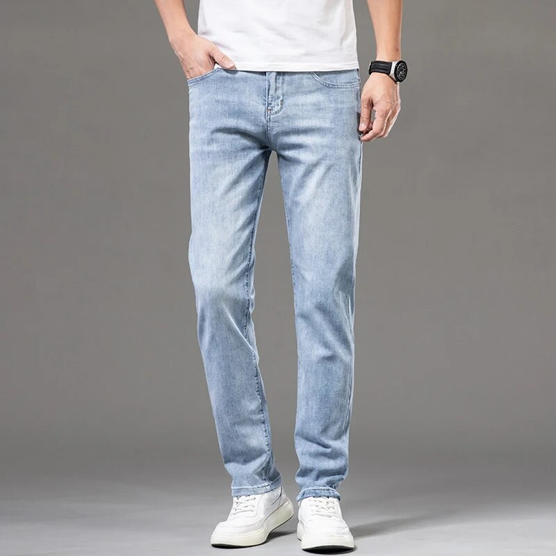 DELIY Summer Slim Straight Straight Cotton Stretch džinsa vīriešu lietišķs gadījuma raksturs ar augstu vidukli, plāni gaiši zili džinsi