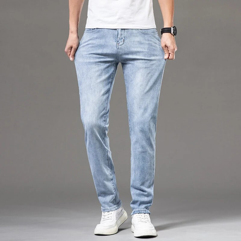 DELIY Summer Slim Straight Straight Cotton Stretch džinsa vīriešu lietišķs gadījuma raksturs ar augstu vidukli, plāni gaiši zili džinsi