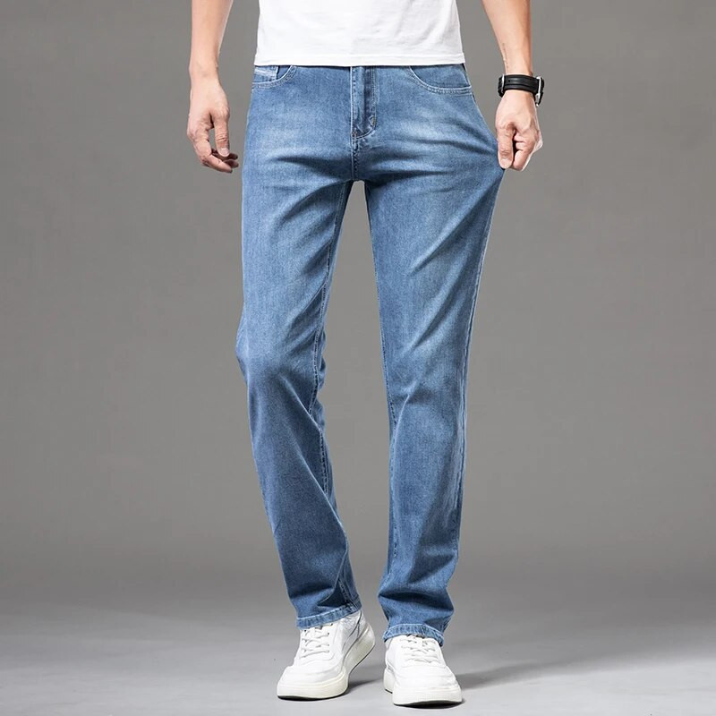 DELIY Summer Slim Straight Straight Cotton Stretch džinsa vīriešu lietišķs gadījuma raksturs ar augstu vidukli, plāni gaiši zili džinsi