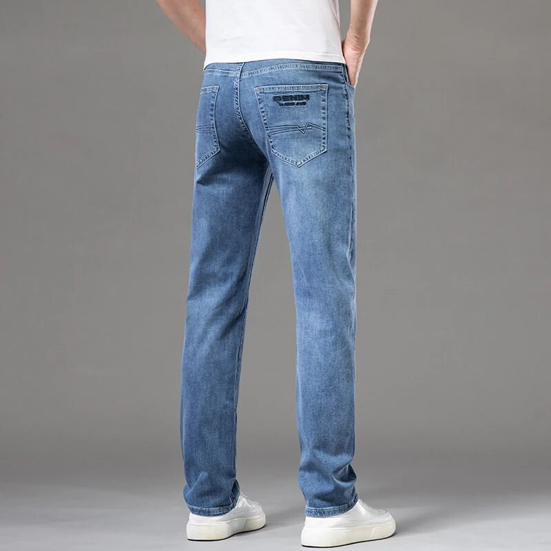DELIY Summer Slim Straight Straight Cotton Stretch džinsa vīriešu lietišķs gadījuma raksturs ar augstu vidukli, plāni gaiši zili džinsi