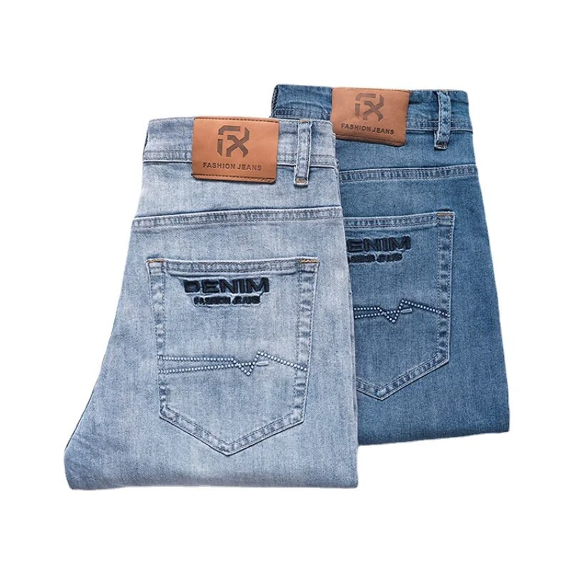 DELIY Summer Slim Straight Straight Cotton Stretch džinsa vīriešu lietišķs gadījuma raksturs ar augstu vidukli, plāni gaiši zili džinsi