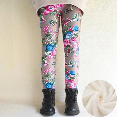 2-11G Girls Legings Rudens Ziema Bērni Siltas Bikses Biezas Samta Ziedu Apdrukas Bikses Bērns Meitene Saglabā siltumu Vilnas legingi