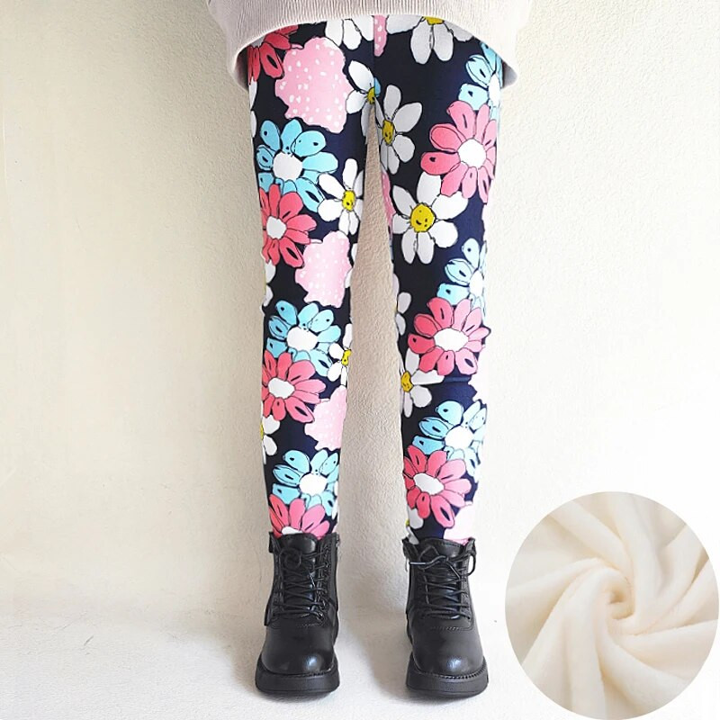 2-11G Girls Legings Rudens Ziema Bērni Siltas Bikses Biezas Samta Ziedu Apdrukas Bikses Bērns Meitene Saglabā siltumu Vilnas legingi