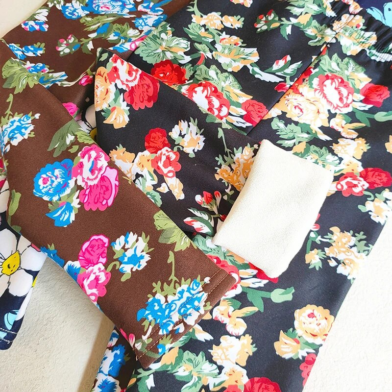 2-11G Girls Legings Rudens Ziema Bērni Siltas Bikses Biezas Samta Ziedu Apdrukas Bikses Bērns Meitene Saglabā siltumu Vilnas legingi