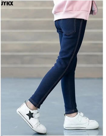 Детски панталони Зимни дрехи Нови по-дебели дънки за деца на средна възраст Корейски стил Разтегливи и кашмирени момичета