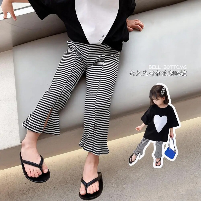 Laste püksid 2021 suvised korea tüdrukud beebid suvised laia säärega õhukesed üheksa punktiga püksid, triibulised püksid