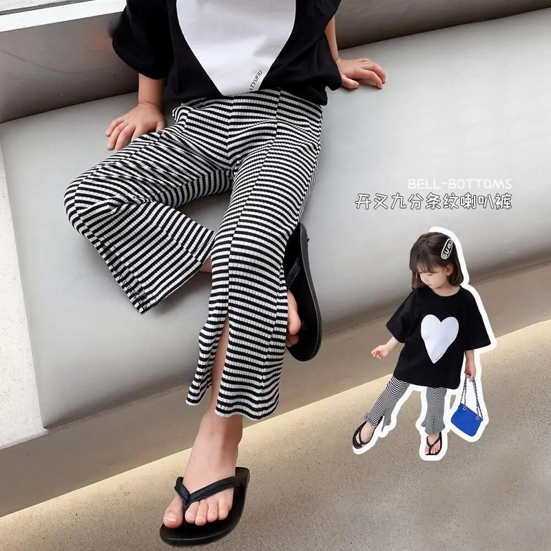 Laste püksid 2021 suvised korea tüdrukud beebid suvised laia säärega õhukesed üheksa punktiga püksid, triibulised püksid