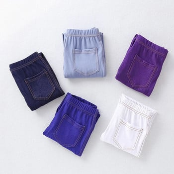 Пролет Лято Еластични тесни панталони за момичета Едноцветни детски еластични панталони 3-12 години Деца Lmitation Denim плат Дънки Панталони