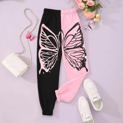 Pavasarī un rudenī jauni bērni valkā bikses ar kontrastainu tauriņu apdruku Meiteņu mode Ērtas bikses 8 9 10 11 12 gadi