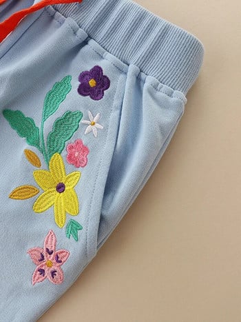  2-7 години 2023 г. Нови есенни пролетни панталони с бродерия на цветя Детски панталони за момичета Ежедневни пуловери Спортно облекло