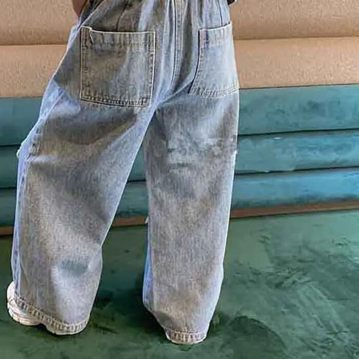 Meiteņu bikses Personība plēstas, platas džinsi bikses 2021. gada pavasaris un vasara, jauna mode, bērnu apģērbi, bērnu apģērbi