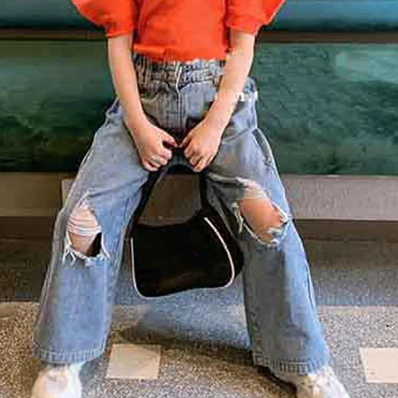 Meiteņu bikses Personība plēstas, platas džinsi bikses 2021. gada pavasaris un vasara, jauna mode, bērnu apģērbi, bērnu apģērbi