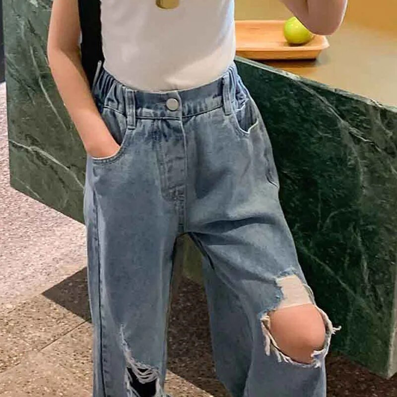 Meiteņu bikses Personība plēstas, platas džinsi bikses 2021. gada pavasaris un vasara, jauna mode, bērnu apģērbi, bērnu apģērbi