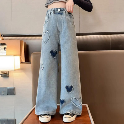 Didelės mergaitės mokyklinės plačios kelnės su širdelės dizaino laisvalaikio laisvos 2023 m. naujos pavasario mados ilgi džinsai Vaikiškos korėjietiško stiliaus kelnės