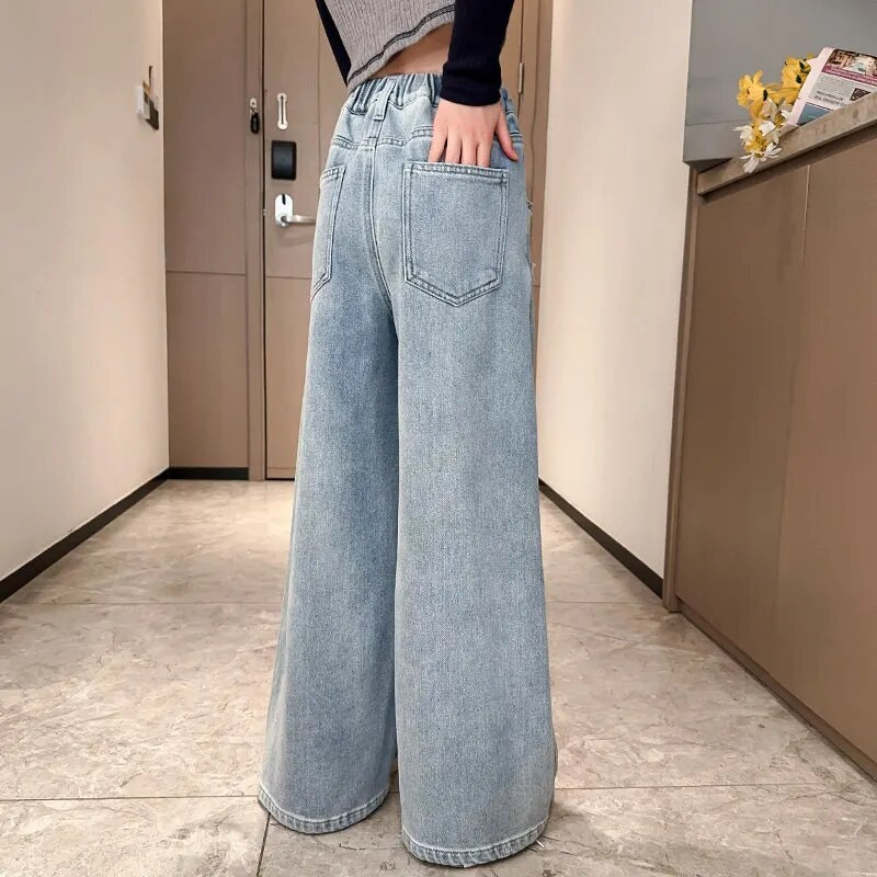 Didelės mergaitės mokyklinės plačios kelnės su širdelės dizaino laisvalaikio laisvos 2023 m. naujos pavasario mados ilgi džinsai Vaikiškos korėjietiško stiliaus kelnės